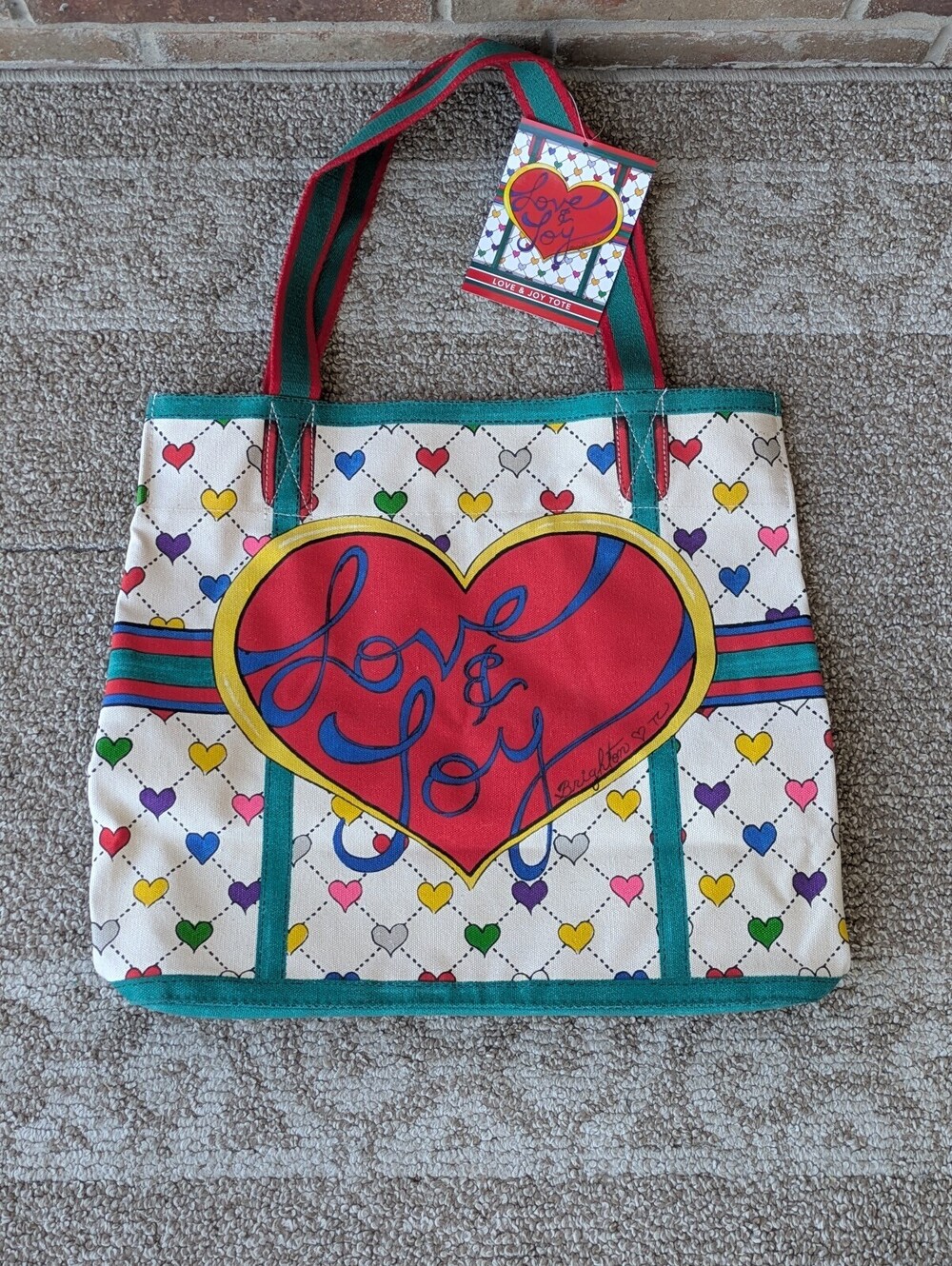 Brighton Love Joy Canvas Holiday Christmas Shopper Tote Bag Multi Heart NWT